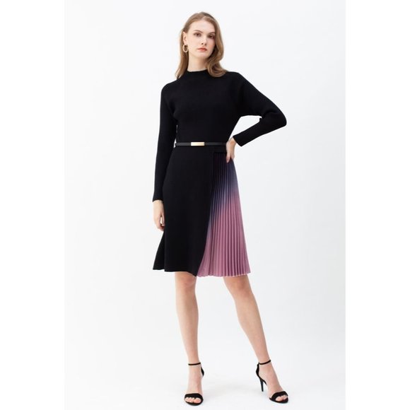 NWT GRADIENT PLEATED SPLICING BELTED KNIT DRESS IN BLACK - Picture 4 of 12